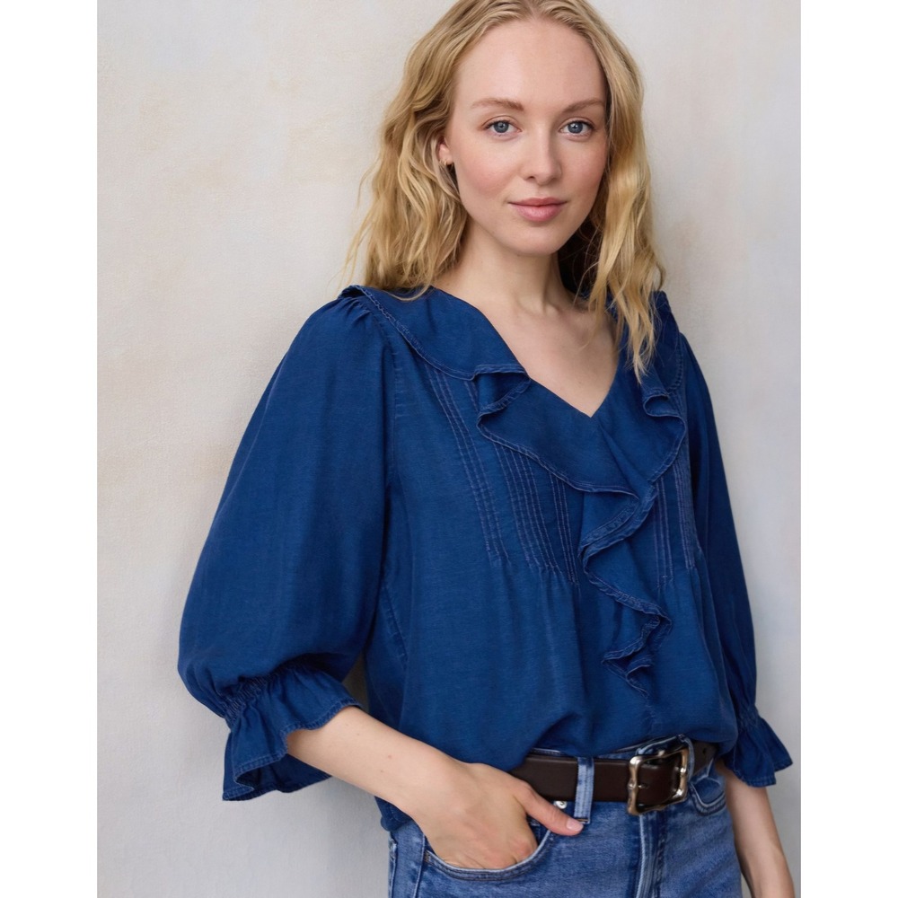 LC Lauren Conrad Blue Lyocell Ruffle Blouse‎ NWT Boho Cottagecore Top Medium